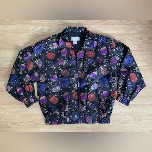 Rhoda Lynne Women's Sm Black Zipper Multicolor Pattern Silk Jacket Shoulder Pads